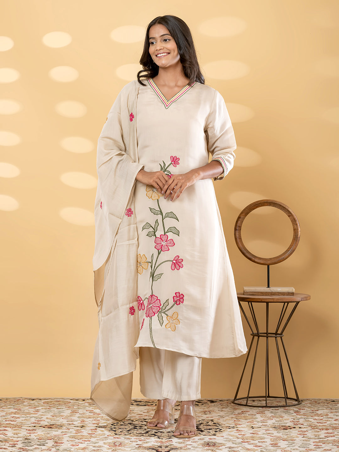 Off-White Floral Embroidered Suit Set
