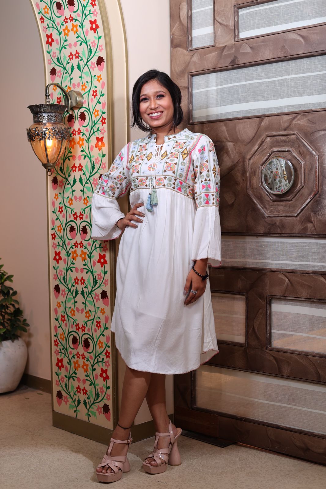 Floral White Cotton Western Dress