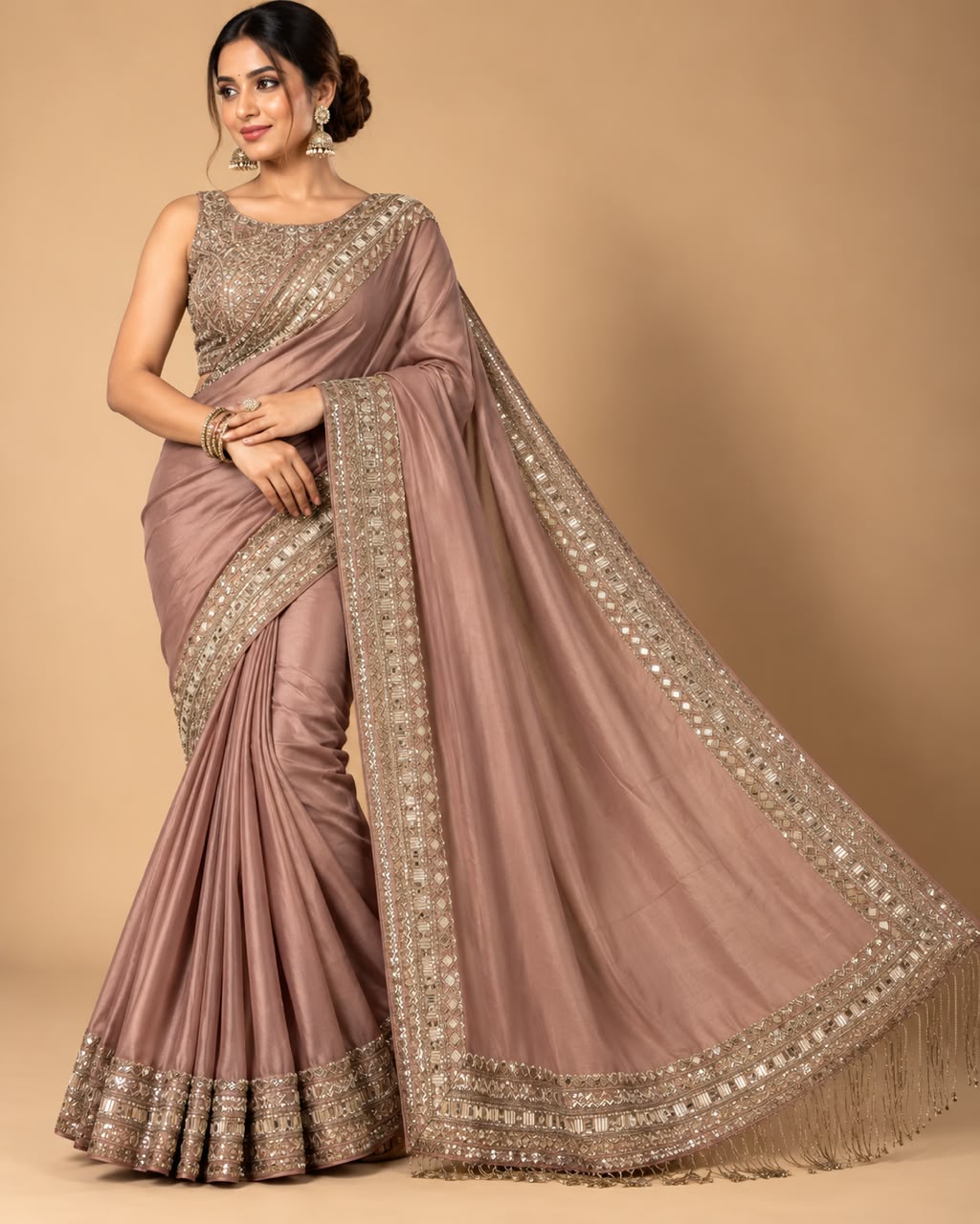 Peach Satin Saree with Mirror & Cutdana Border with Embellished Blouse Main image