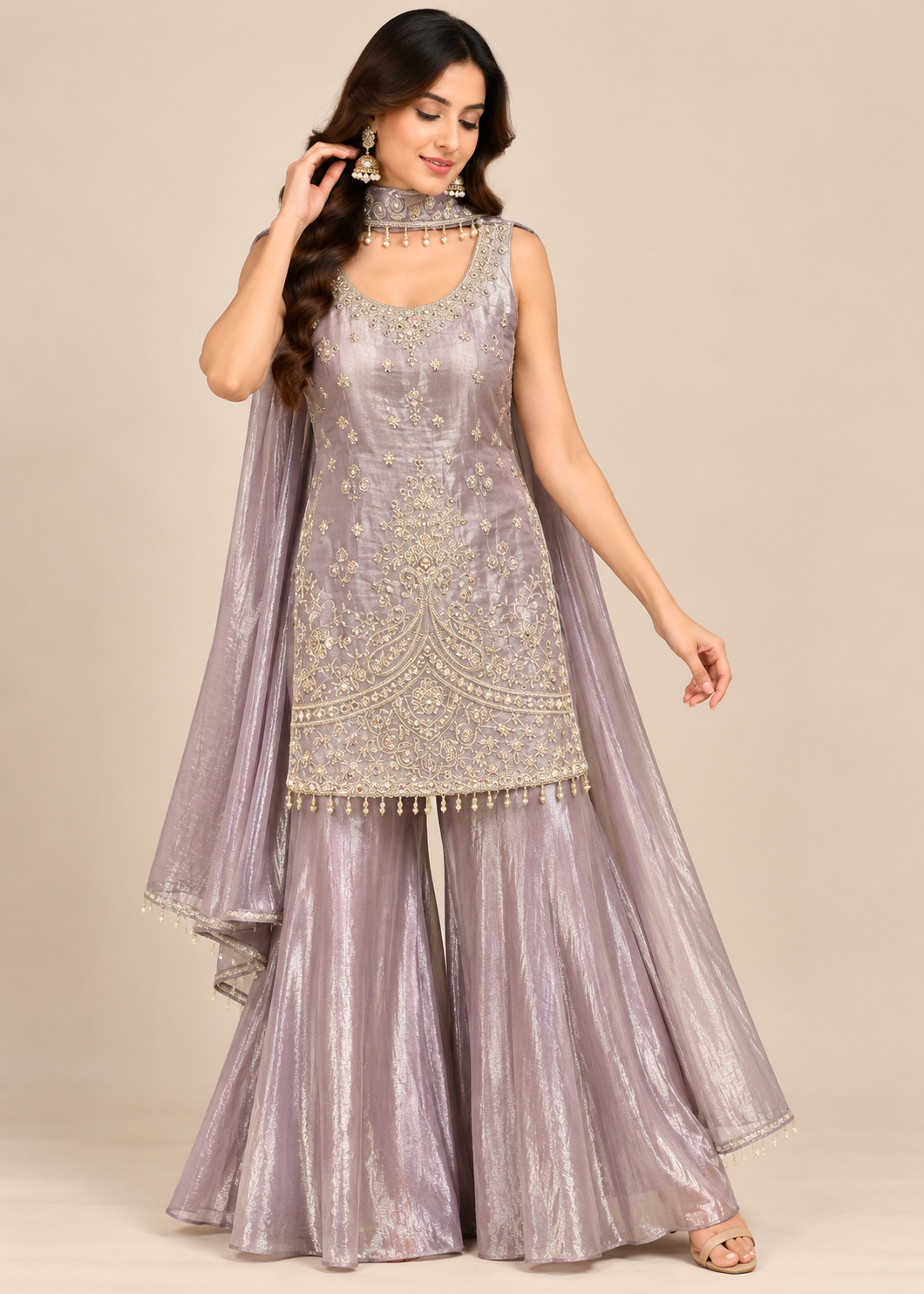 Lavender Embroidered Sharara Suit with Dupatta