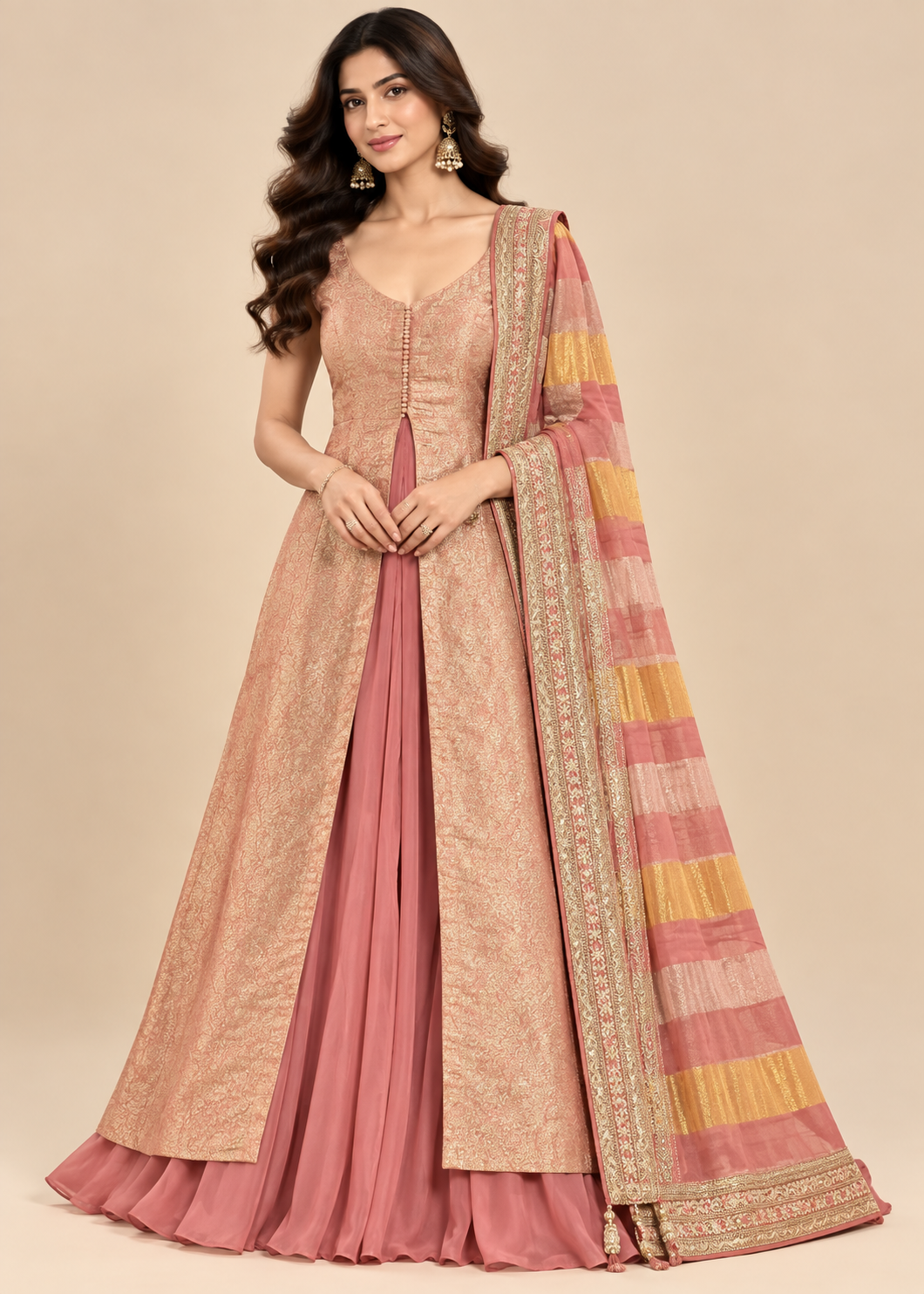 Peach Rose Front-Slit Anarkali Kurti with Flared Skirt Set Main image