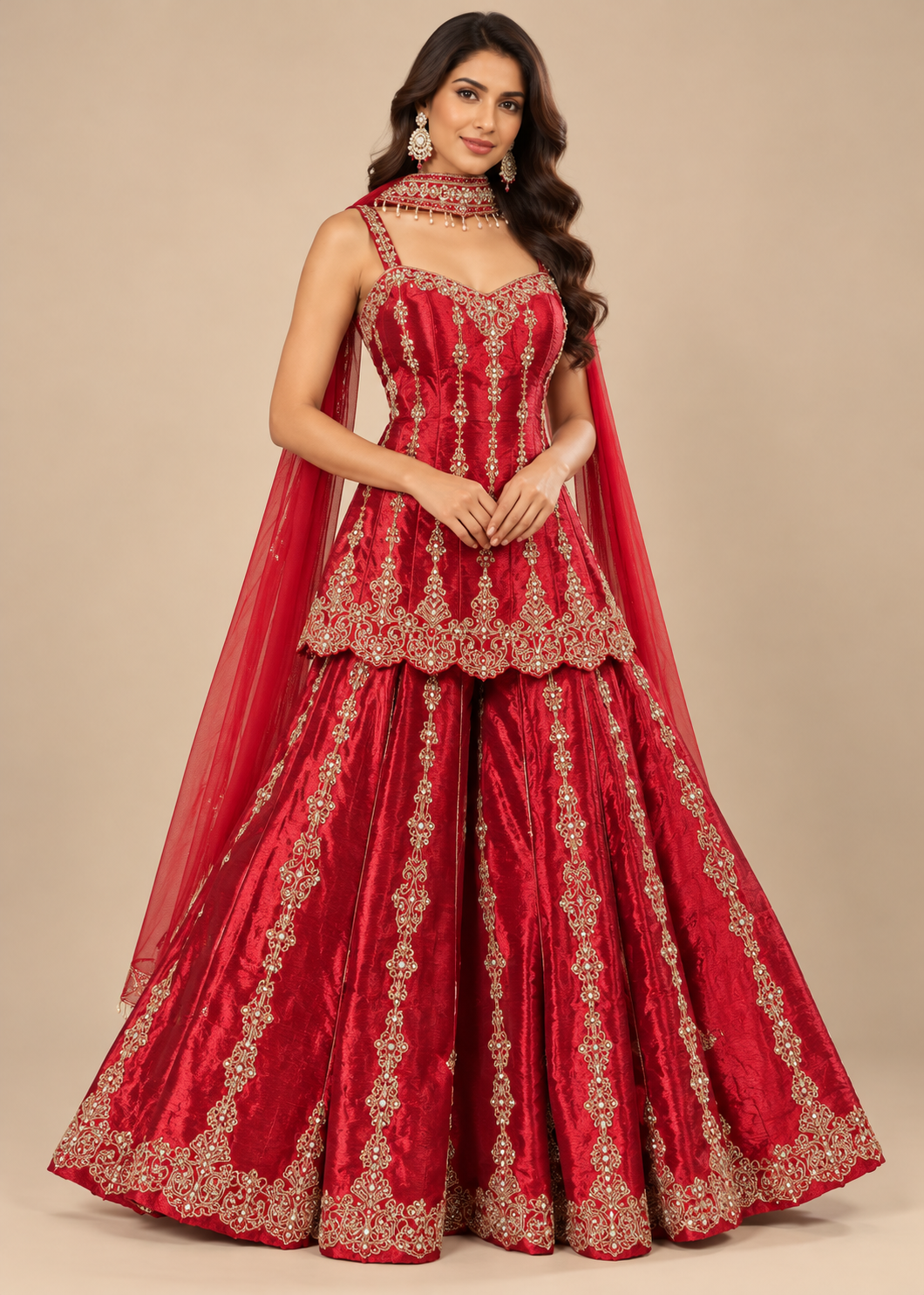 Crimson Red Embroidered Peplum Sharara Set