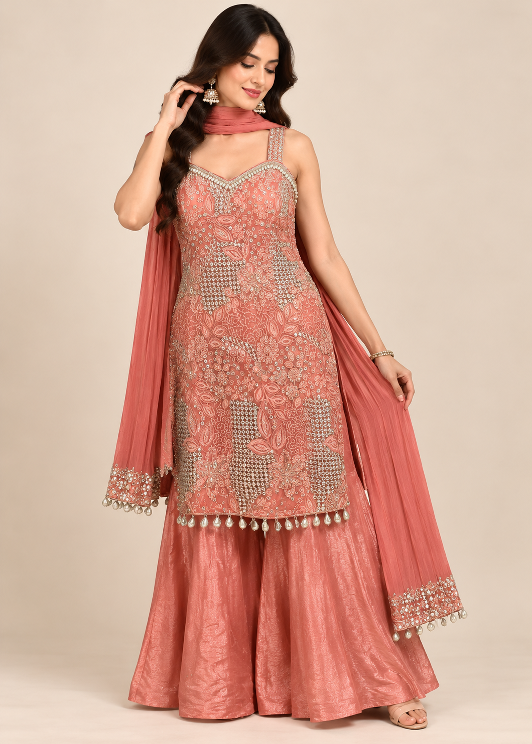 Coral Pink Embroidered Sharara Suit with Dupatta