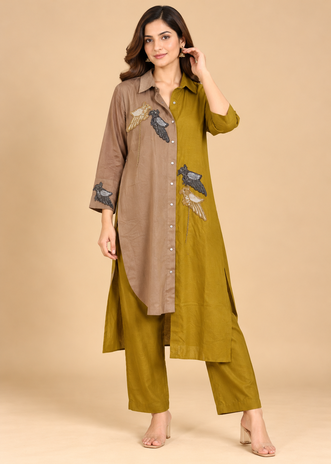 Olive Green & Taupe Bird-Appliqué Co-Ord Set Main image