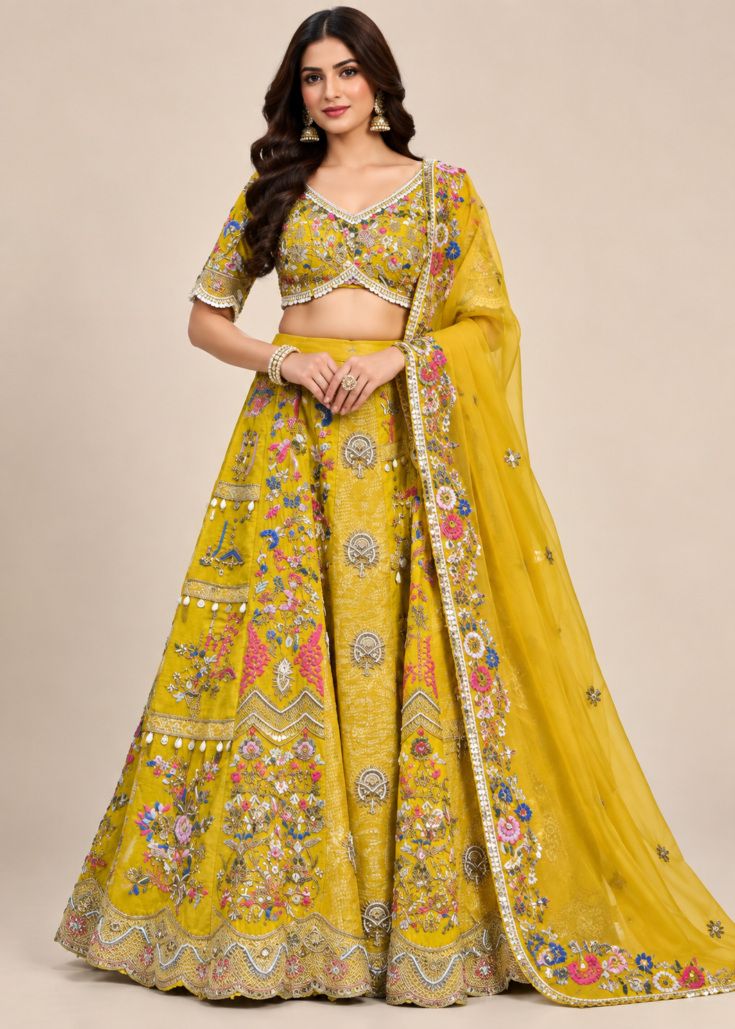 Mustard Yellow Embroidered Bridal Lehenga Set