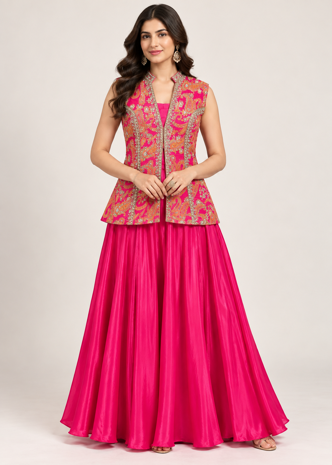 Rani Pink Embroidered Brocade Jacket with Skirt Set