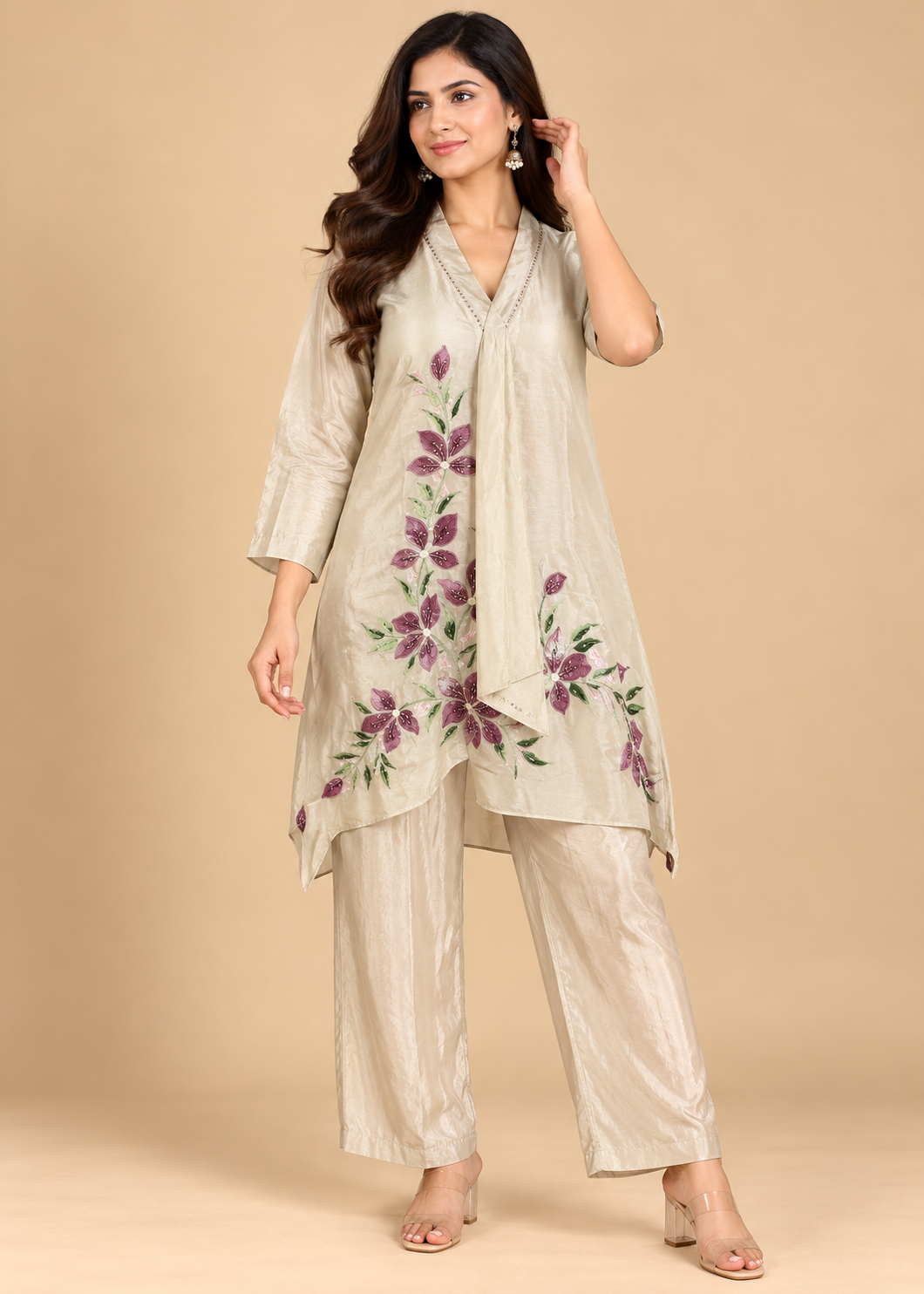 Ivory Floral Embroidered Kurti Set