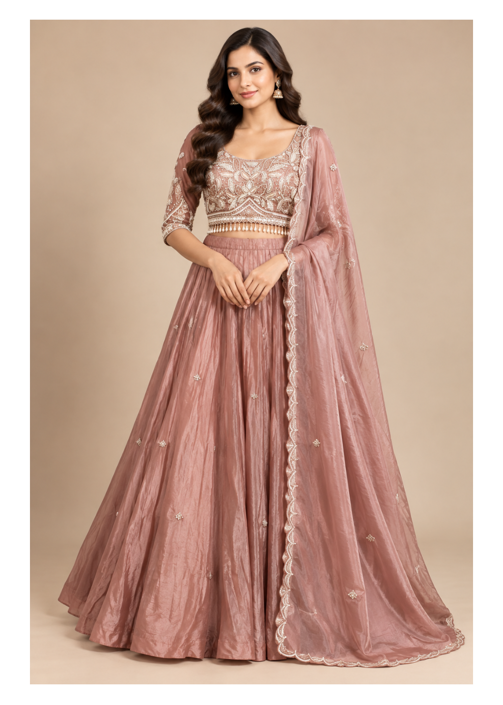 Dusty Mauve Tissue Silk Lehenga Set with Scallop Border Dupatta