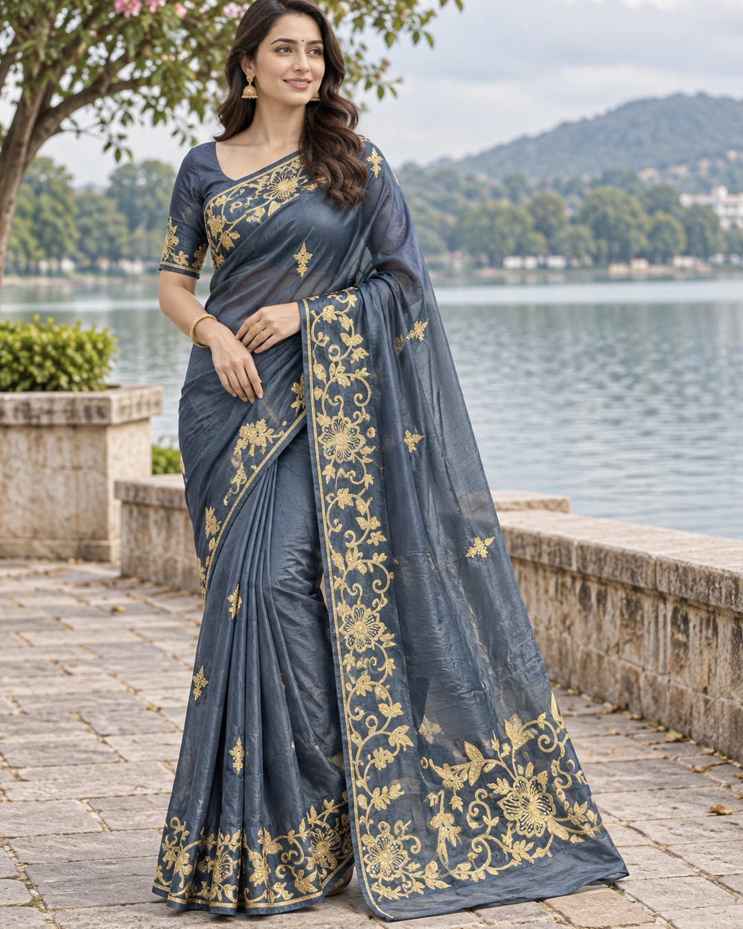 Charcoal Slate Grey Silk Tissue Saree with Gold Zari Floral Embroidery & Border