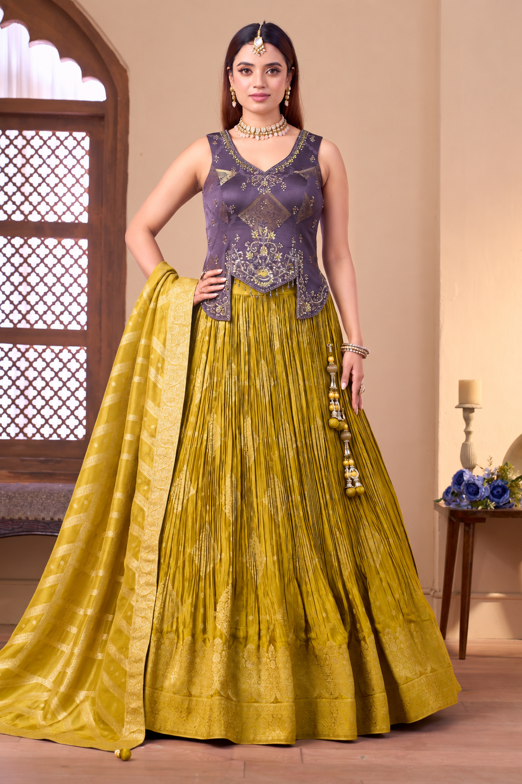 Sophisticated Mauve and Olive Green Jacket Lehenga Set