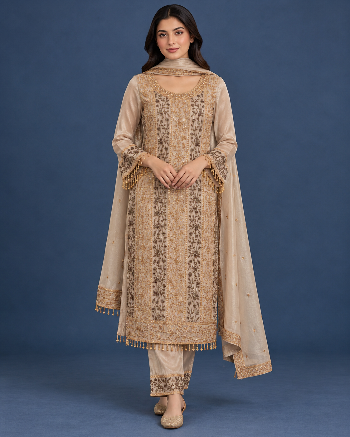 Champagne Gold Embroidered Silk Suit Set Main image