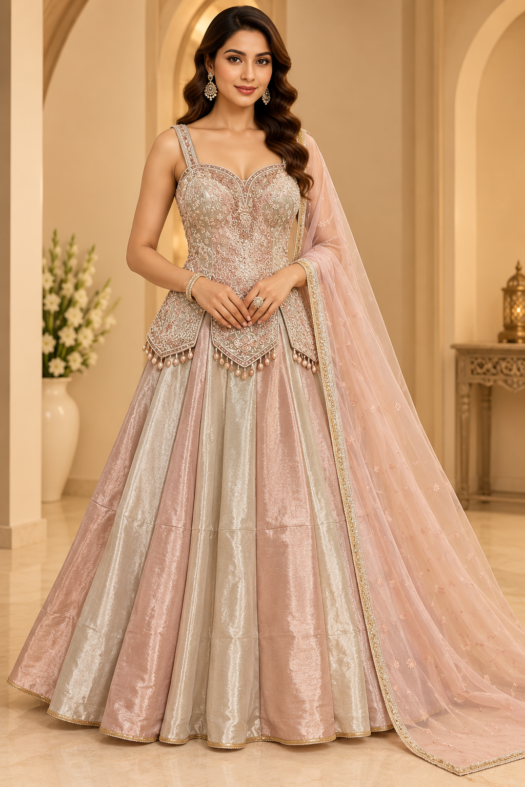 Blush Pink & Champagne Dual-Tone Hand-Embroidered Corset Peplum Bustier, Panel Flared Skirt &amp; Dupatta Set