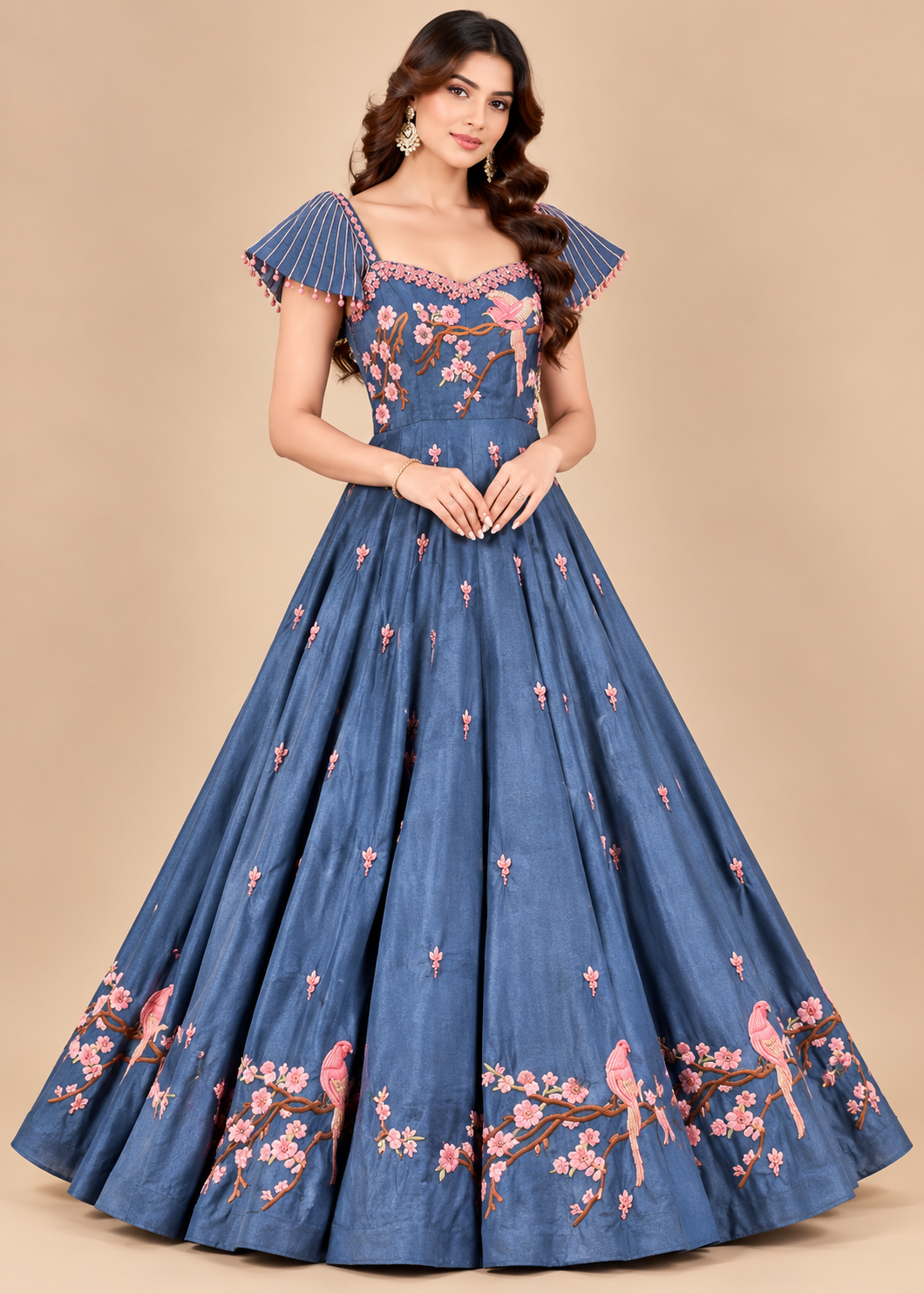 Slate Blue Embroidered Flared Gown
