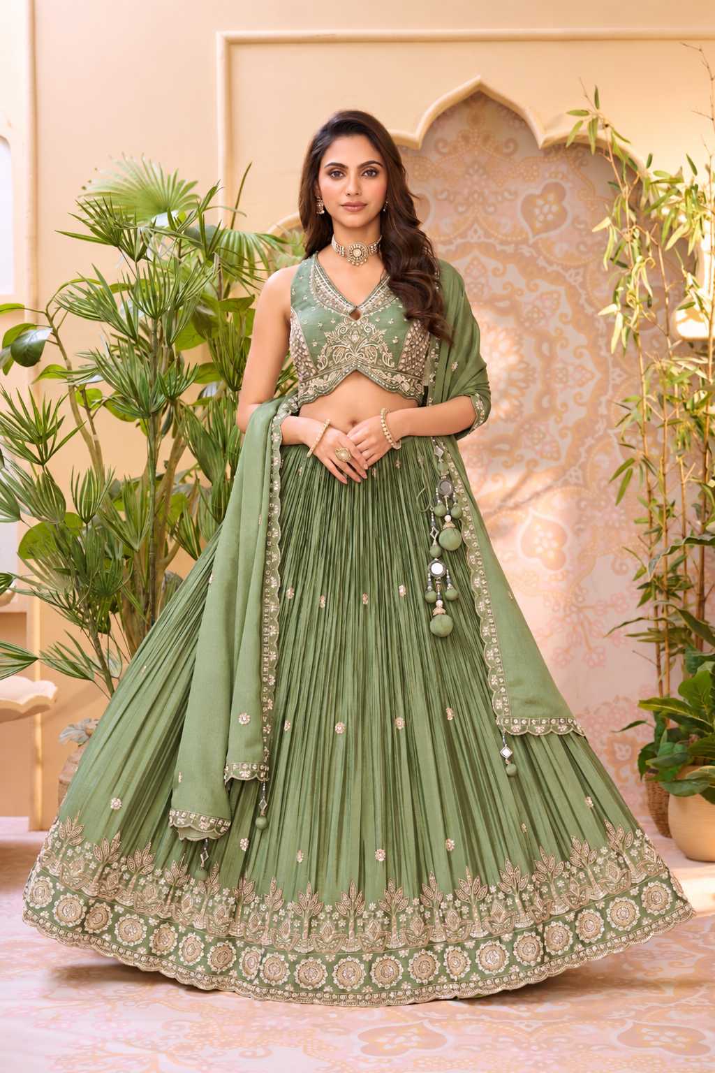 Pista Green Embroidered Micro-Pleated Lehenga