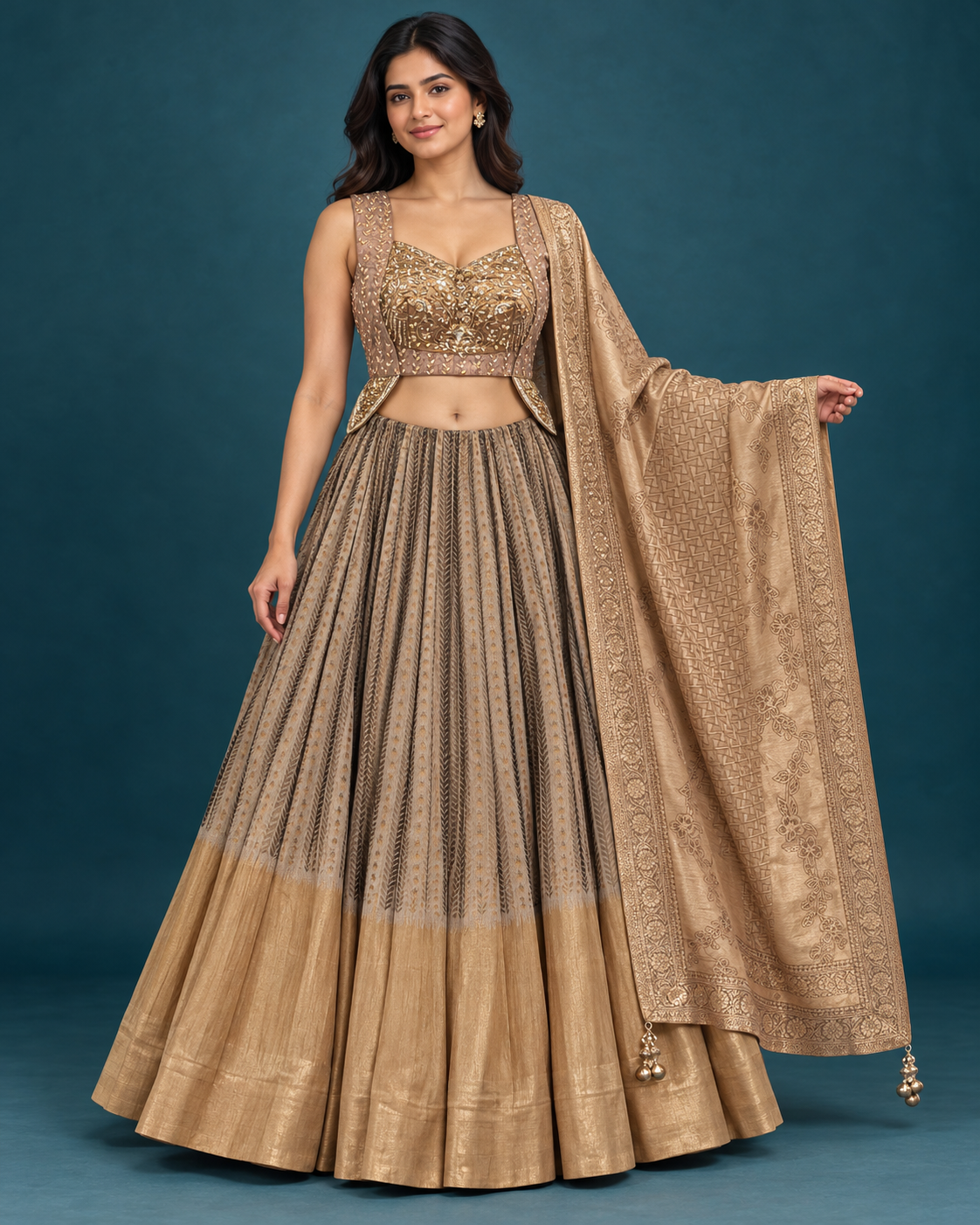 Muted Gold Embroidered Silk Festive Lehenga