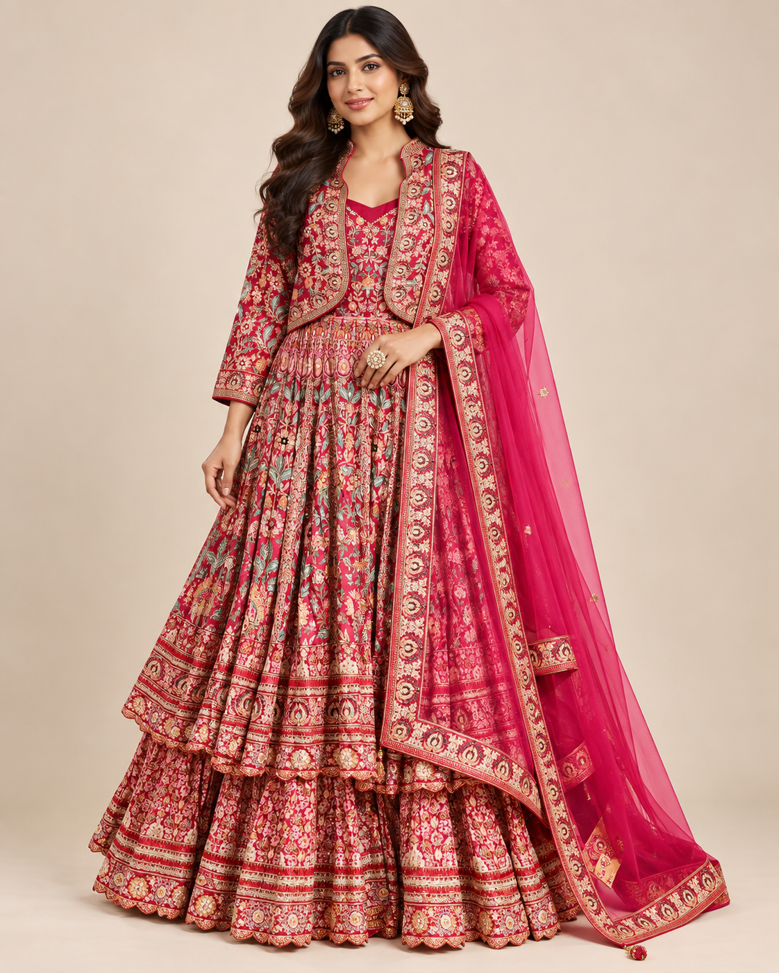 Crimson Red Embroidered Anarkali Jacket Set