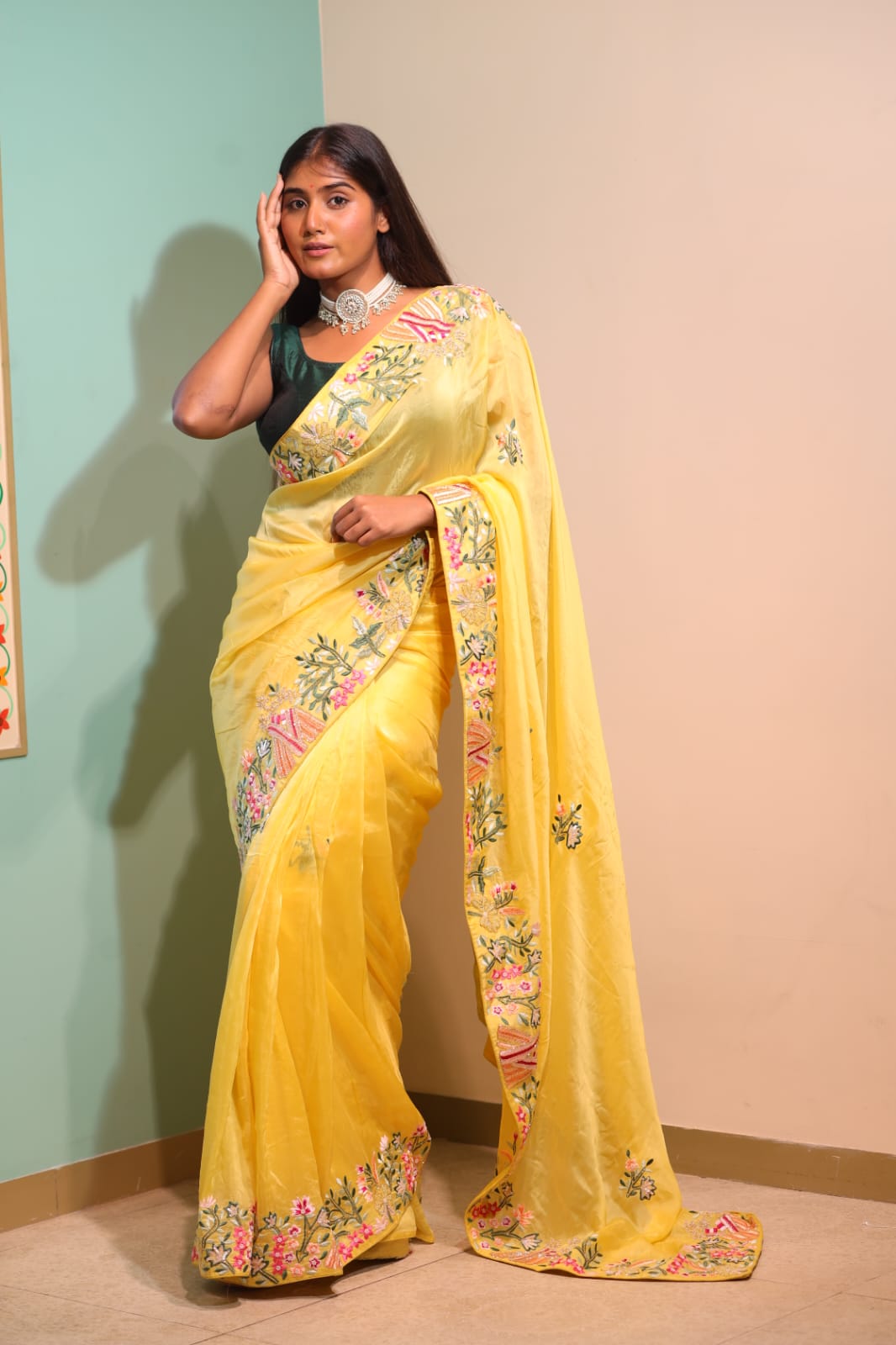 Radiant Yellow Tissue Saree with Exquisite Thread Work