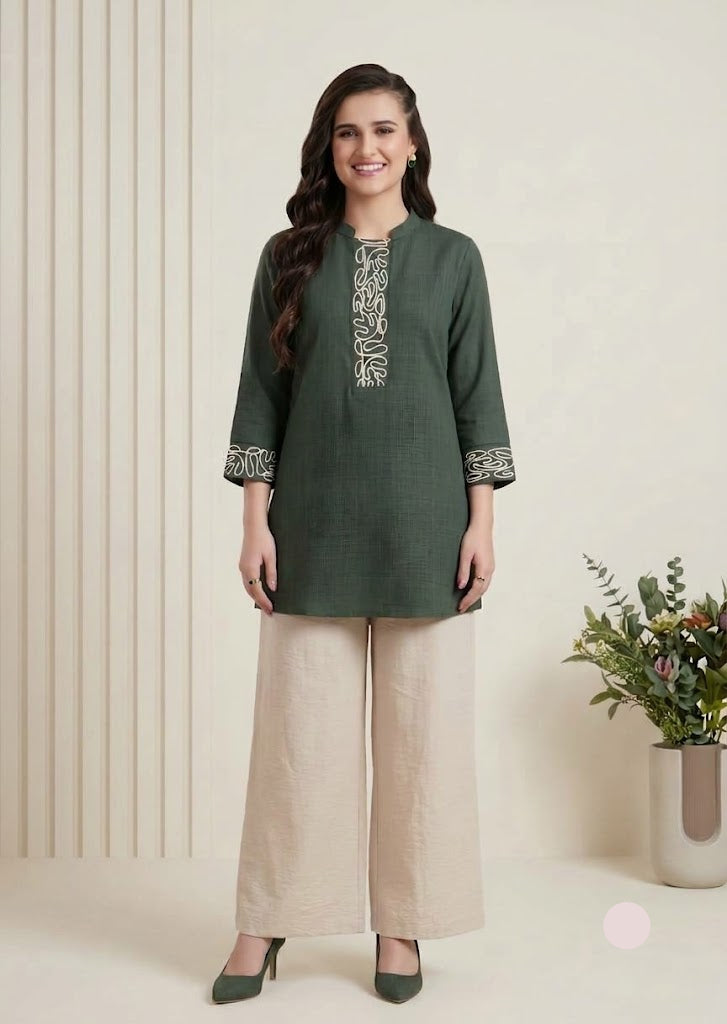 Dark Green Embroidered Kurta Beige Palazzo Set