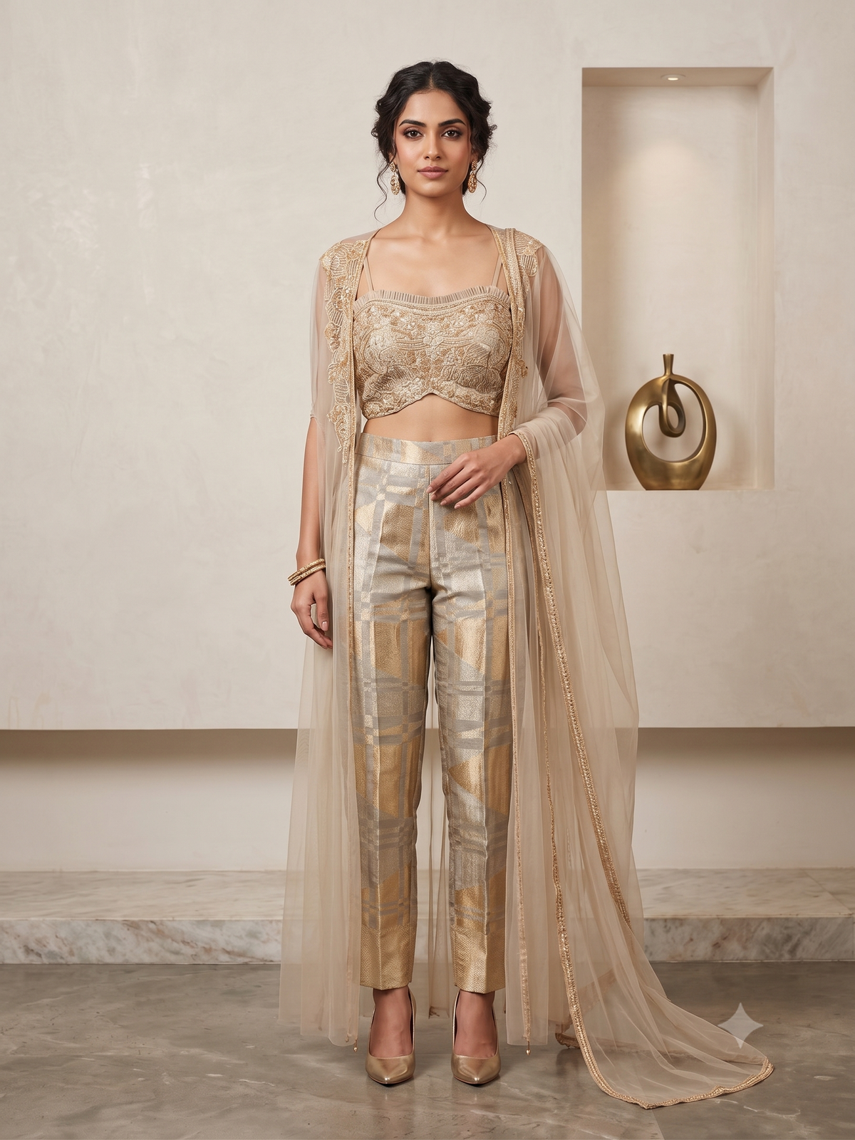 Champagne Gold Brocade Cigarette Pant &amp; Cape Set