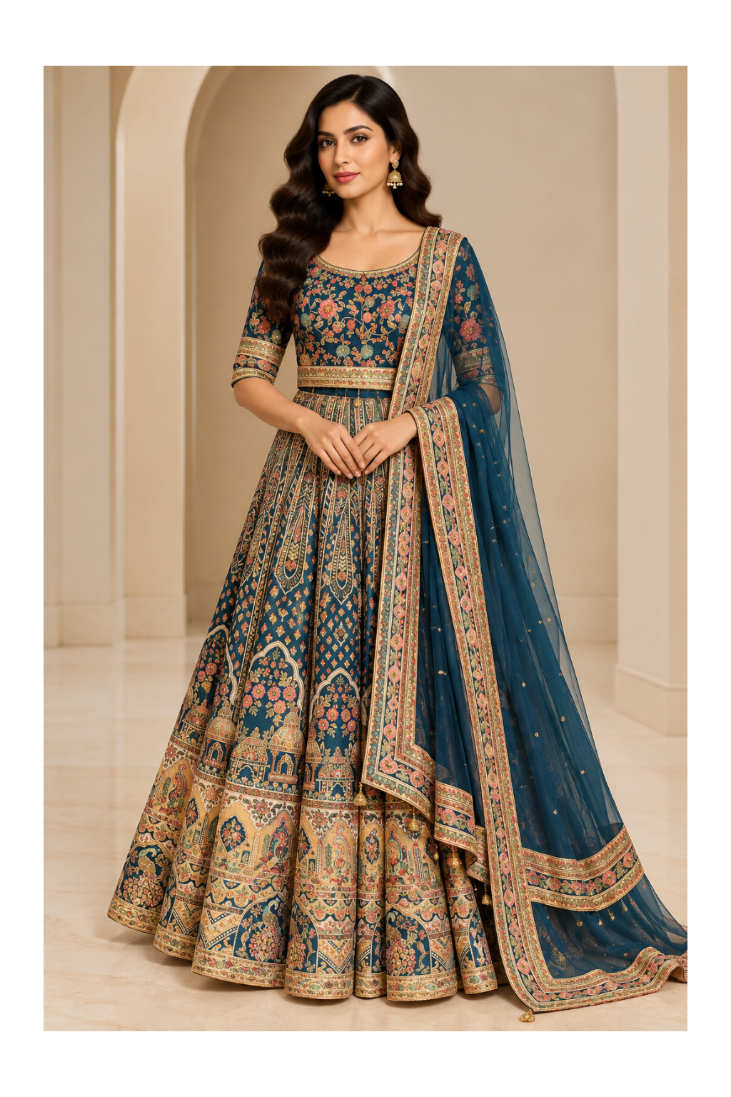 Peacock-Blue Heritage Architectural Motif Lehenga, Blouse