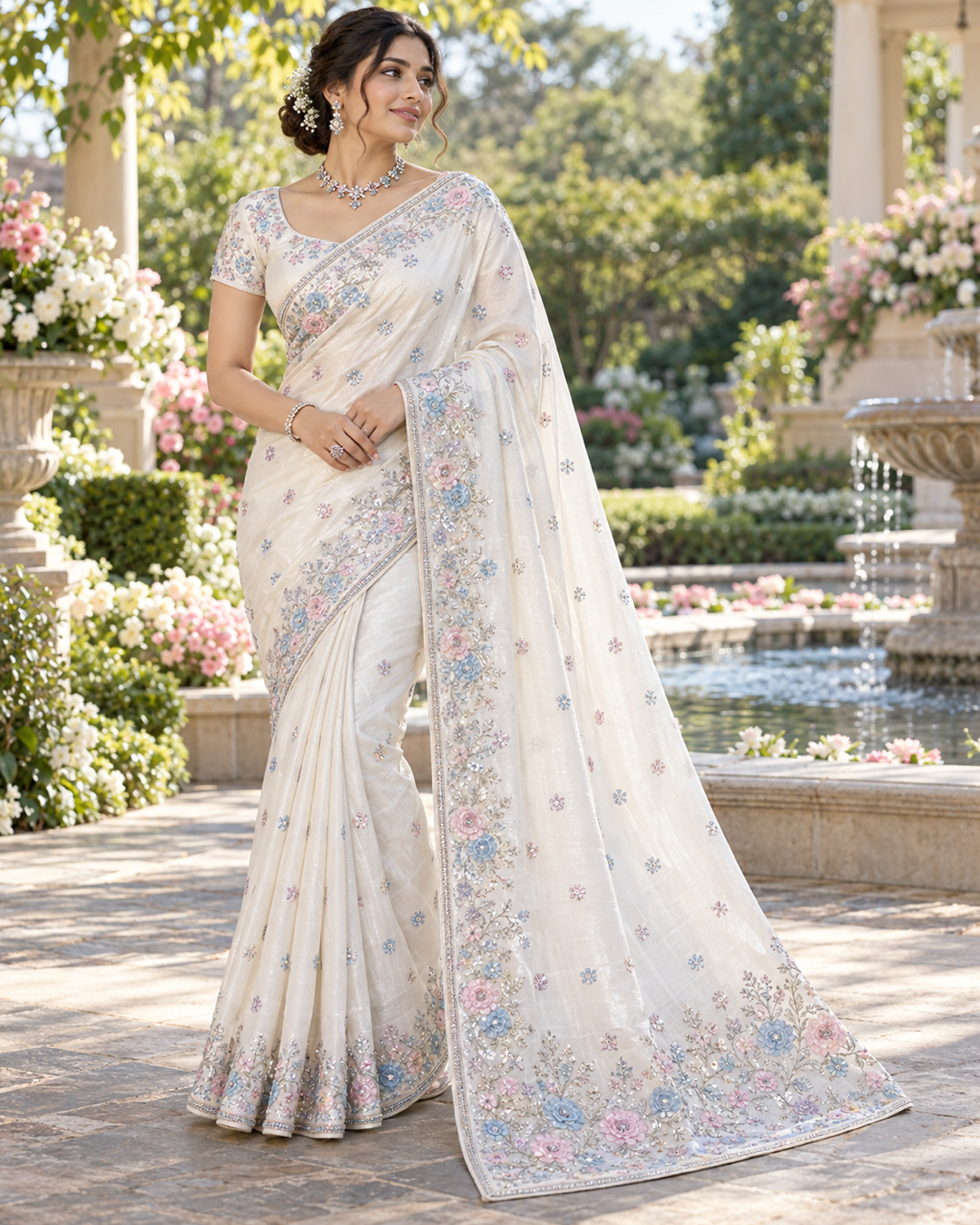 Ivory Silk Saree with Pastel Floral & Sequin Embroidery