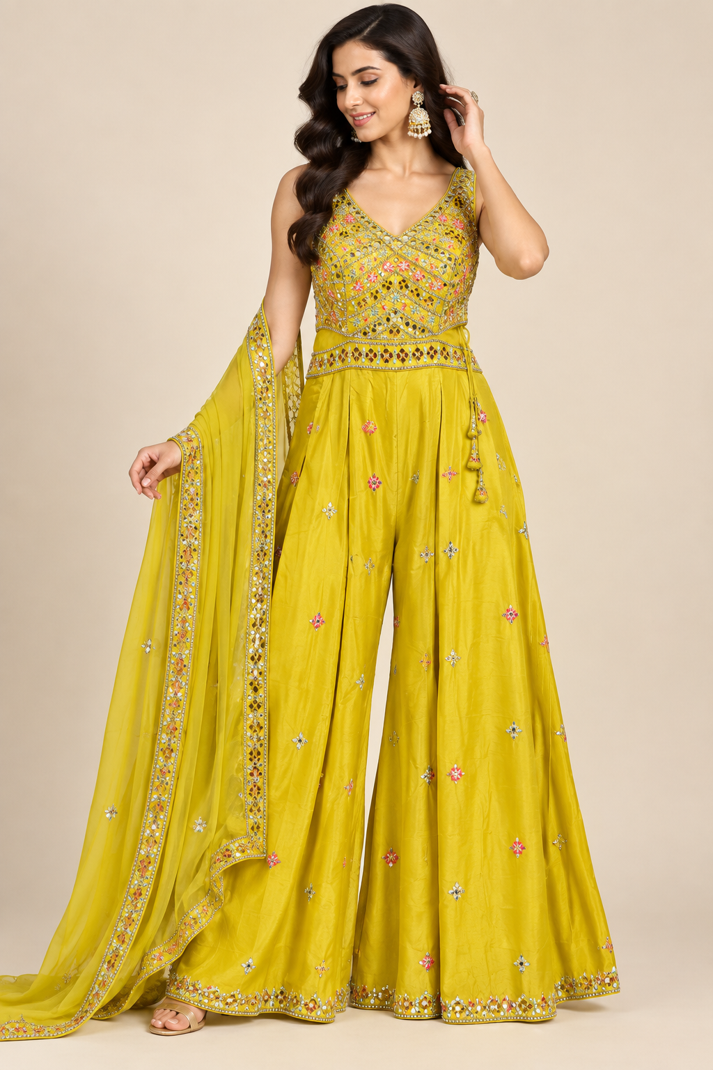 Lime Chartreuse Hand-Embroidered Silk Jumpsuit Set