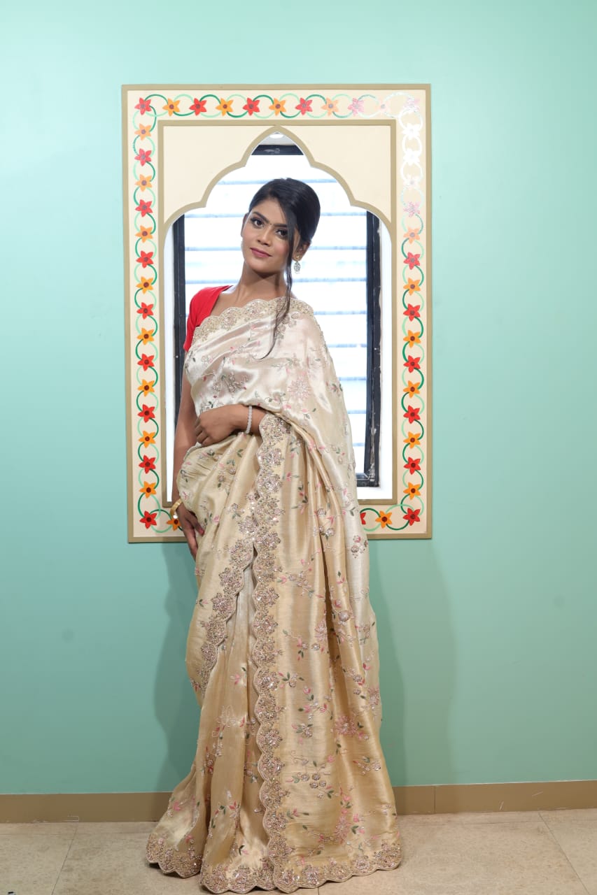 Opulent Cream Chiffon Saree