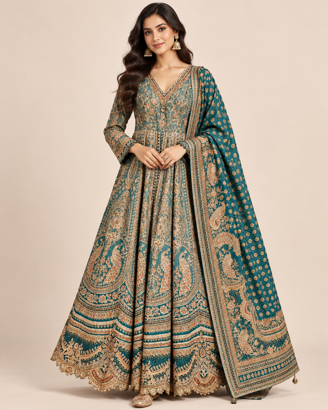 Deep Teal Embroidered Kalamkari Anarkali Gown Set