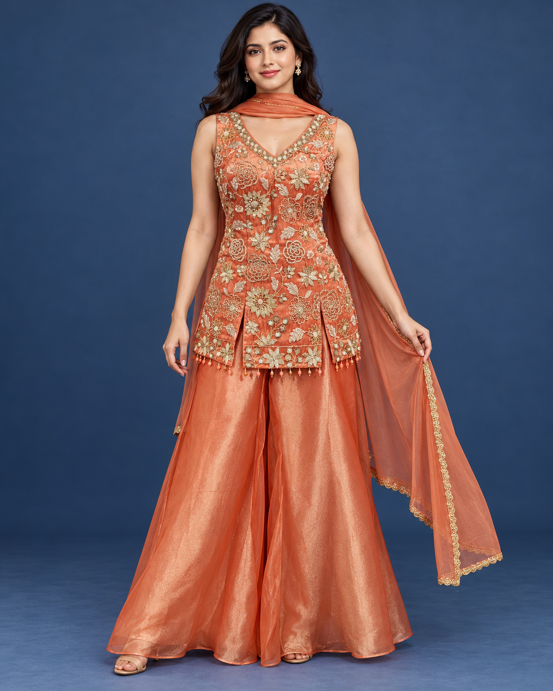 Rust Peach Embroidered Tissue Sharara Set