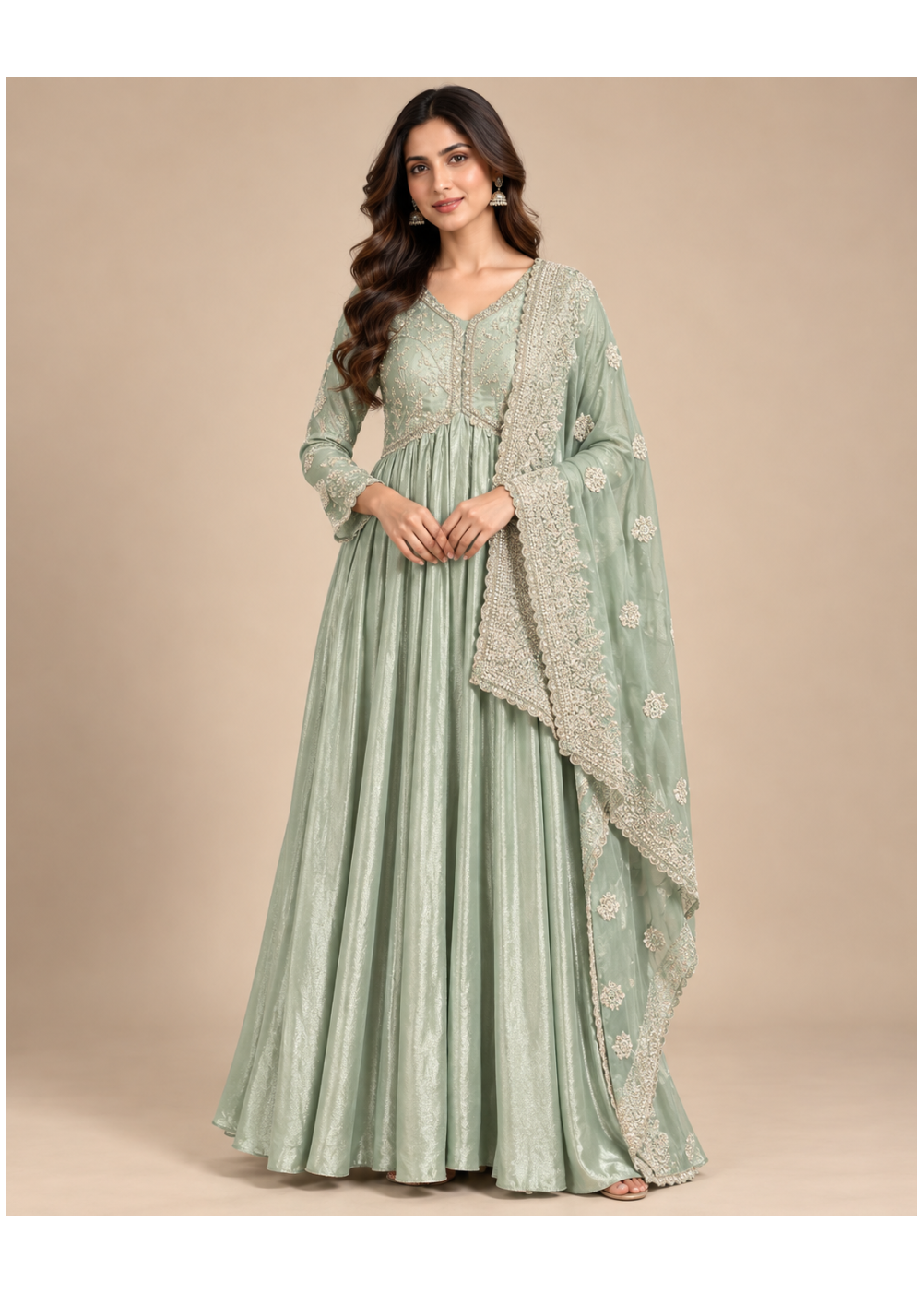 Pista Green Embroidered Anarkali Suit Set Main image