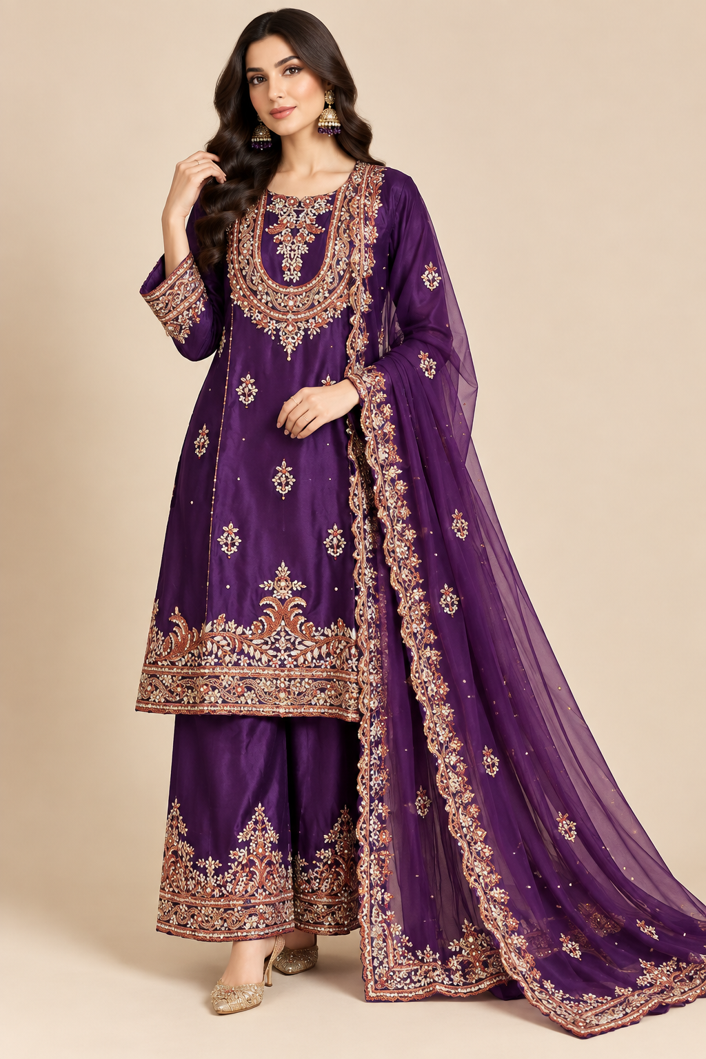 Royal Purple Embroidered Kurti Palazzo Suit Set