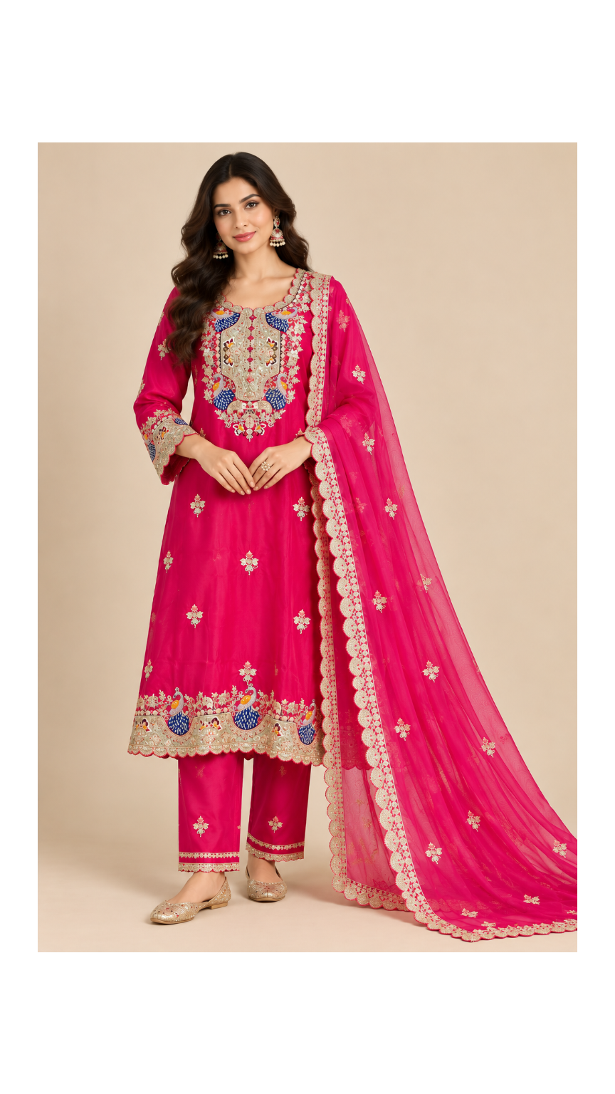 Rani Pink Embroidered Kurti Pant Set