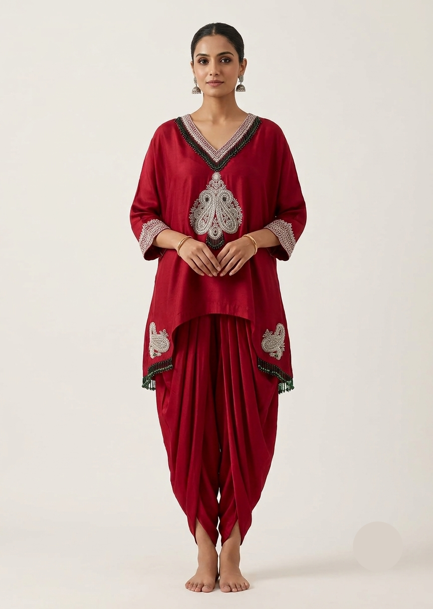 Deep Maroon Embroidered Kaftan Kurti Dhoti Set