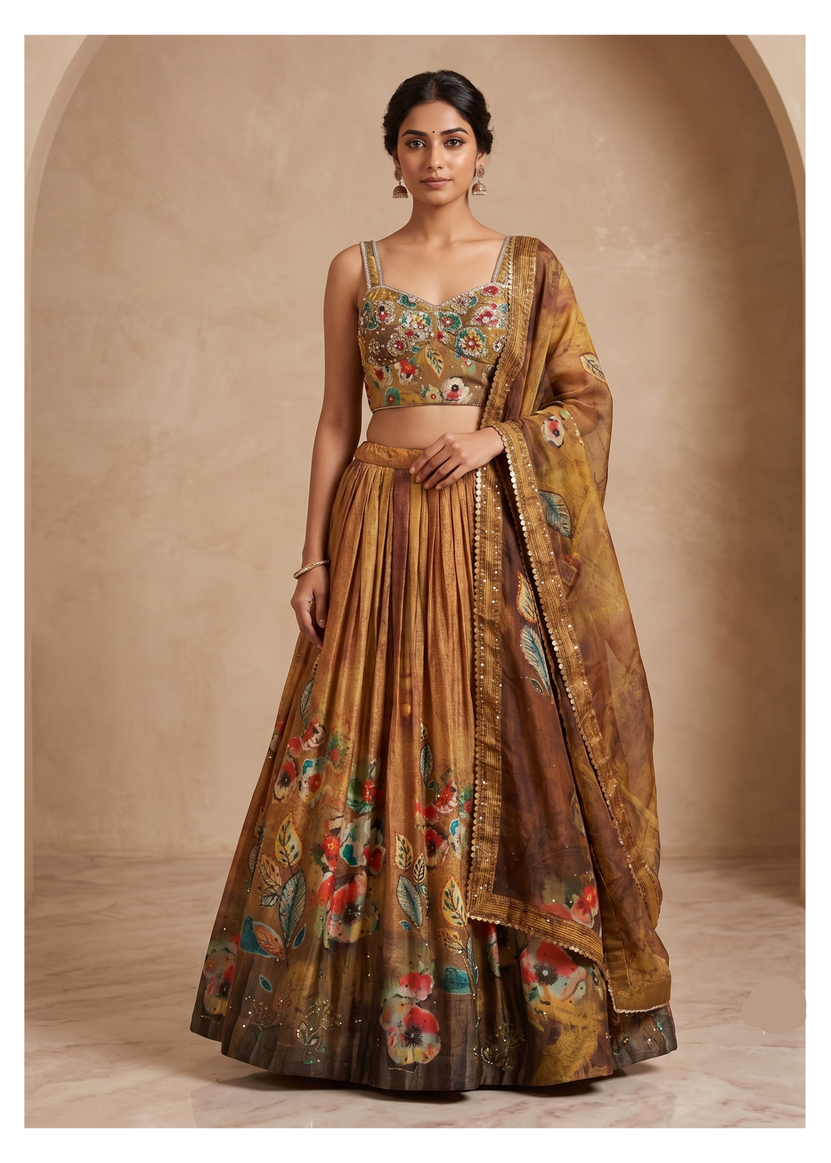 Ochre Abstract Floral Printed Pleated Lehenga Set