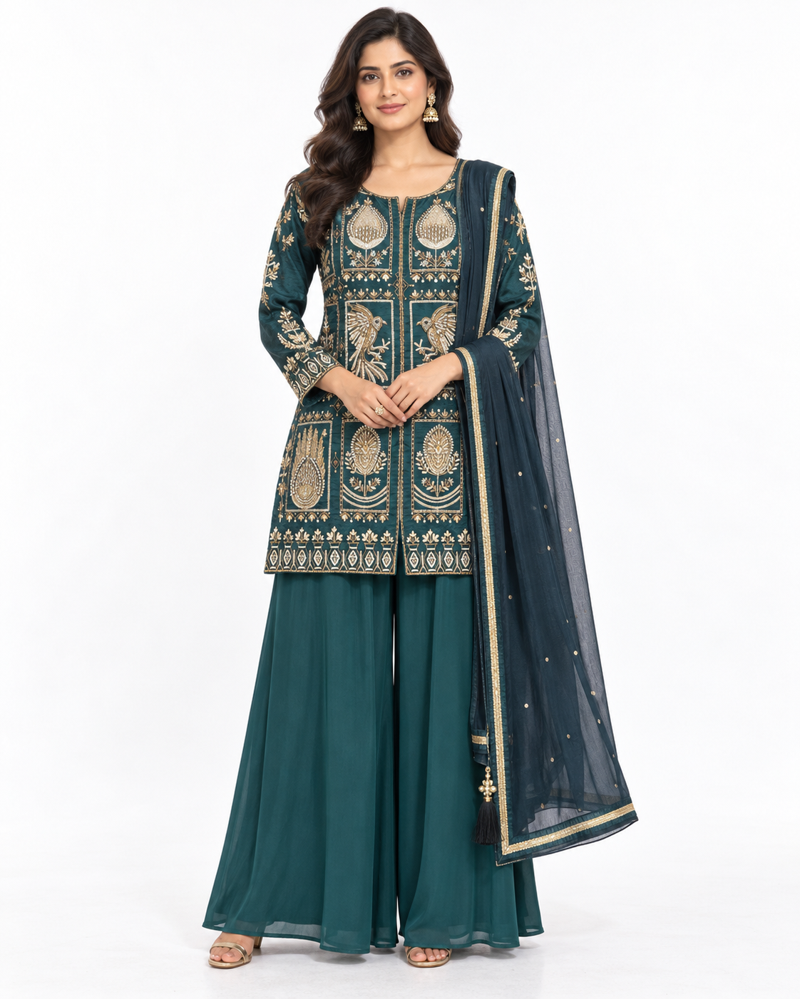 Deep Green Embroidered Palazzo Suit
