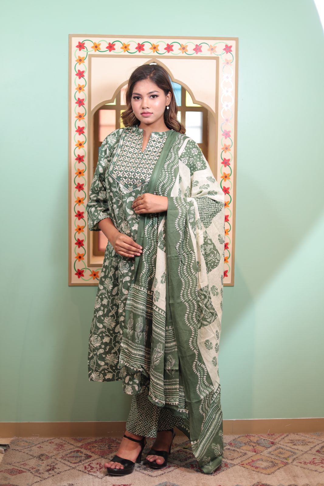 Chic Highland Cotton Kurti with Pant and Dupatta Set