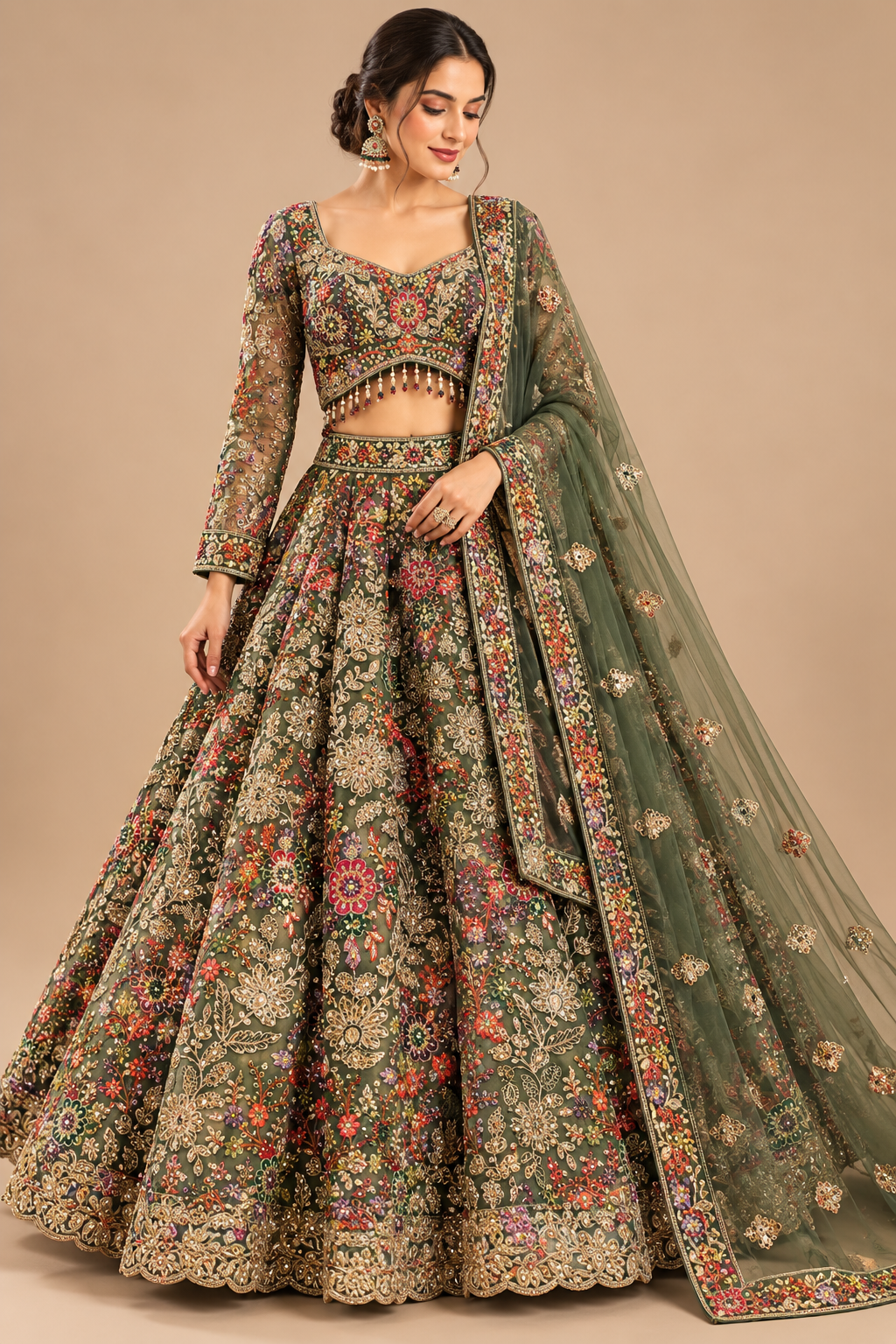 Olive Green Multi-Resham Embroidered Full-Sleeve Bridal Lehenga Choli Set