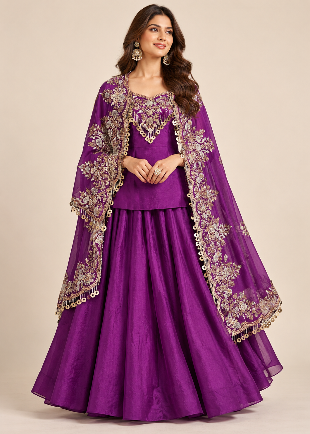 Purple Embroidered Cape Kurti Skirt Set Main image