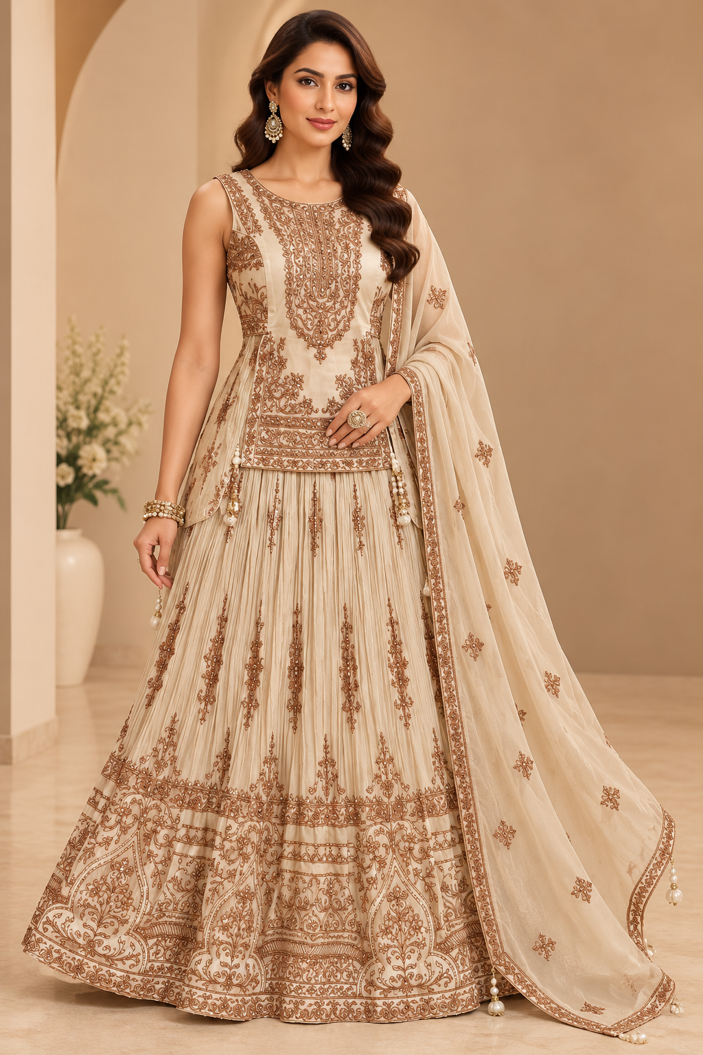 Champagne Ivory Hand-Embroidered Sleeveless Short Kurti, Crushed Flared Skirt & Dupatta Set Main image