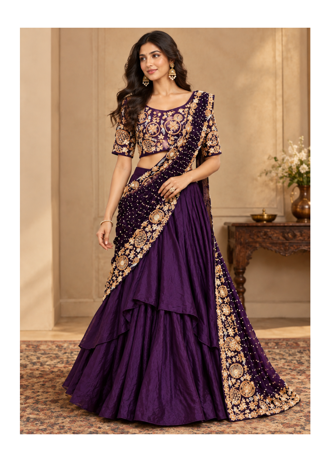 Royal Deep-Purple Tiered Draped Lehenga-Saree & Embroidered Blouse Set