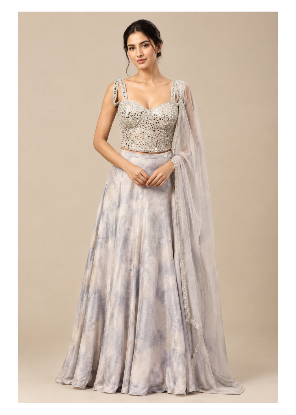 Cloudy Grey Tie-Dye Silk Lehenga Set with Mirror Work Bustier