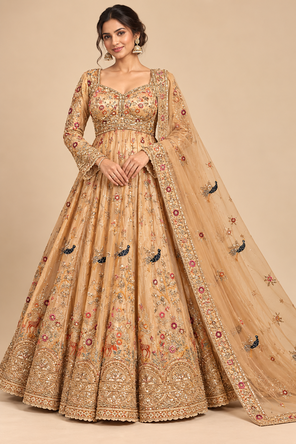 Champagne Gold Tissue Silk Hand-Embroidered Lehenga Set with Matching Co-Ord Blouse & Embellished Dupatta