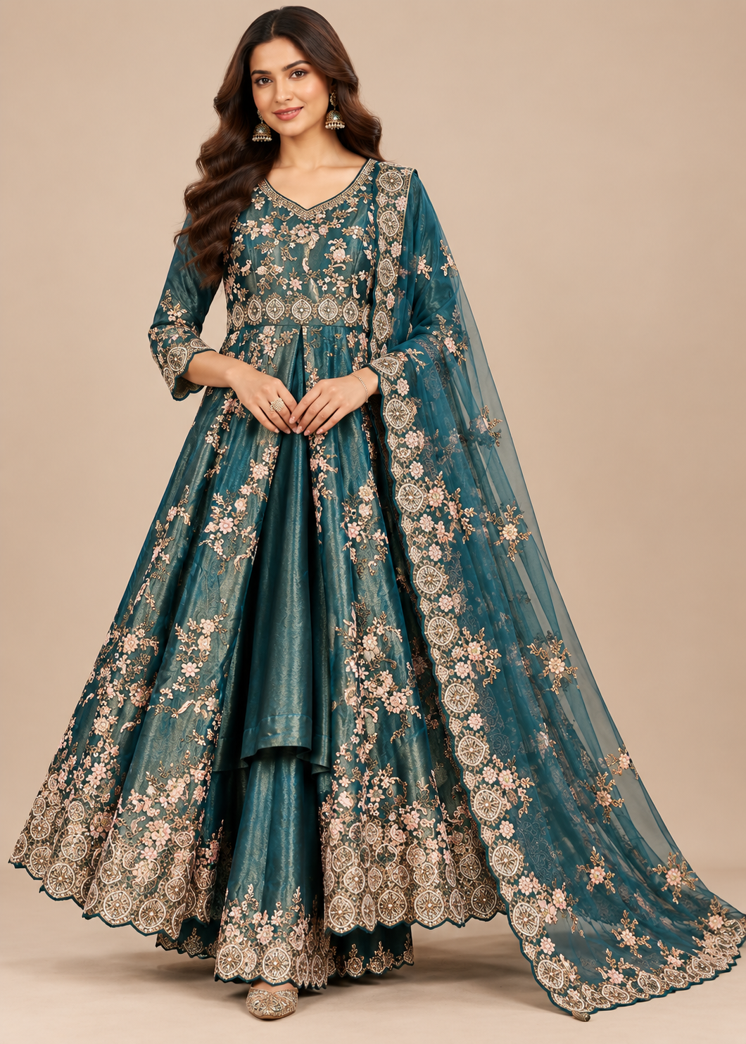 Teal Green Embroidered Anarkali Gown Set Main image