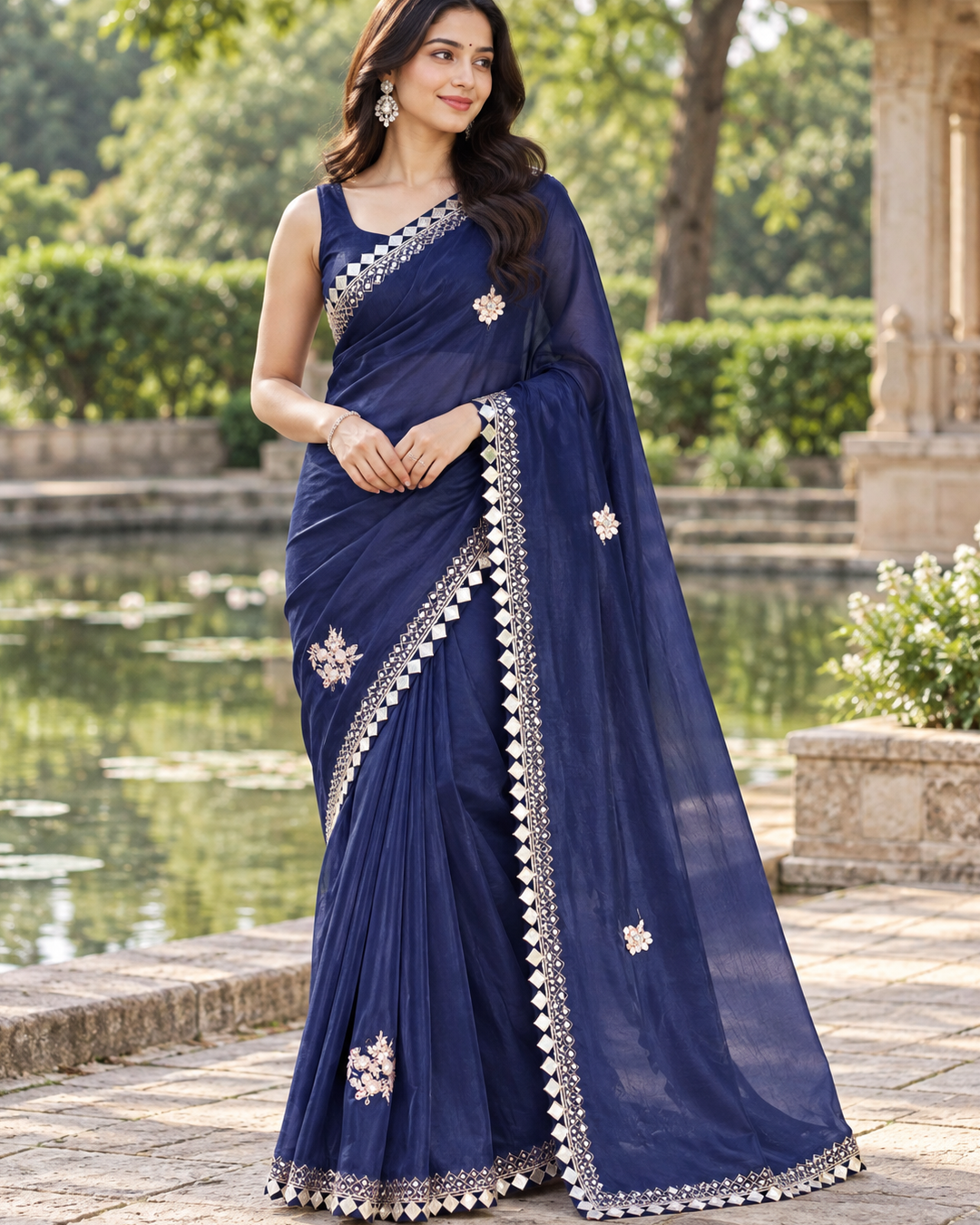 Navy Blue Organza Silk Saree with Geometric Mirror-Work Border & Star Floral Motifs