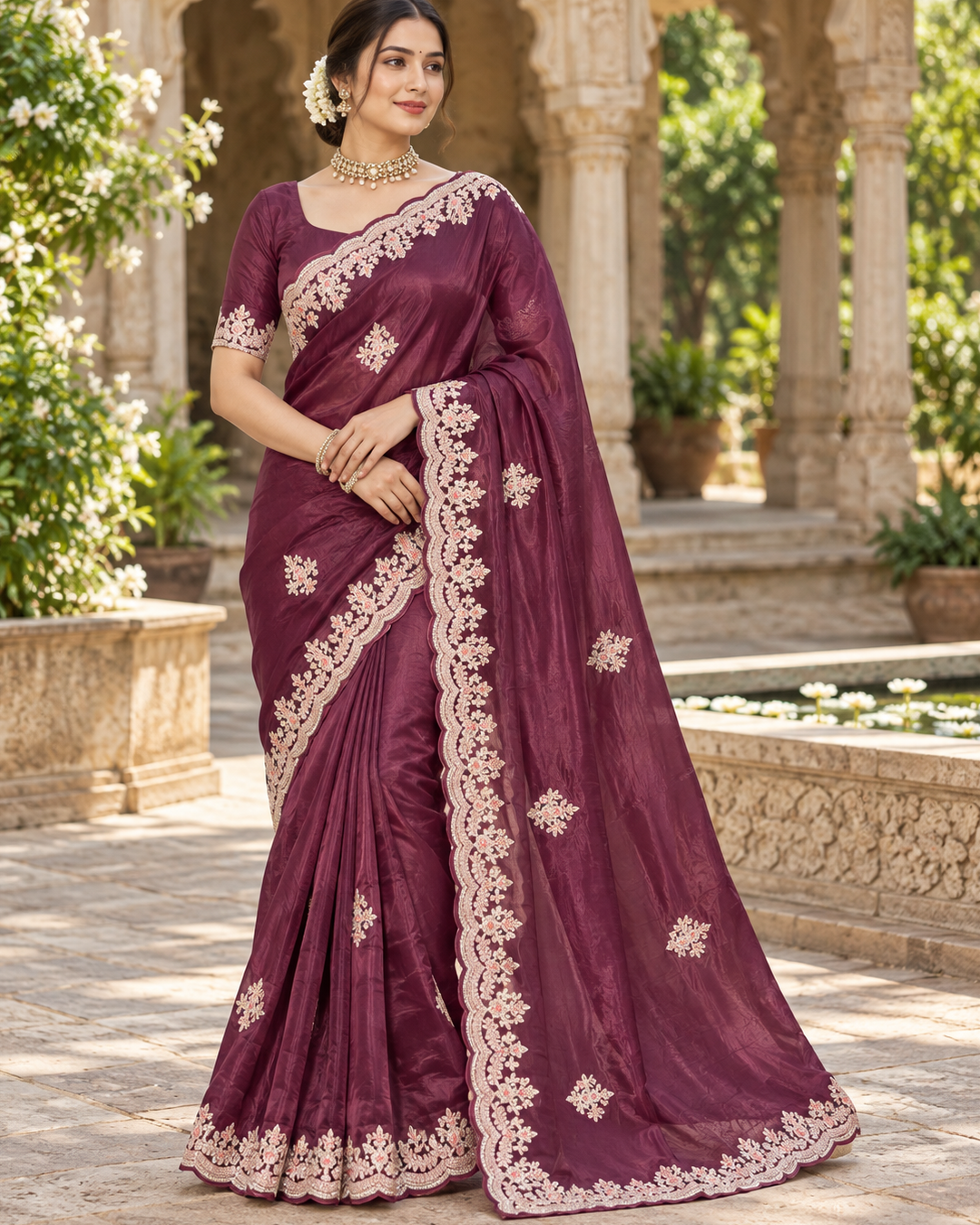 Deep Plum Purple Silk Tissue Saree with Scalloped Floral Zardozi Border