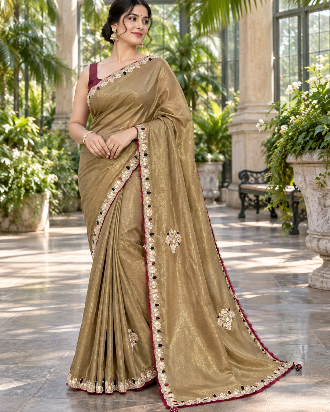 Muted Gold Tissue Silk Saree with Mirror-Work Scalloped Border & Wine Accents
