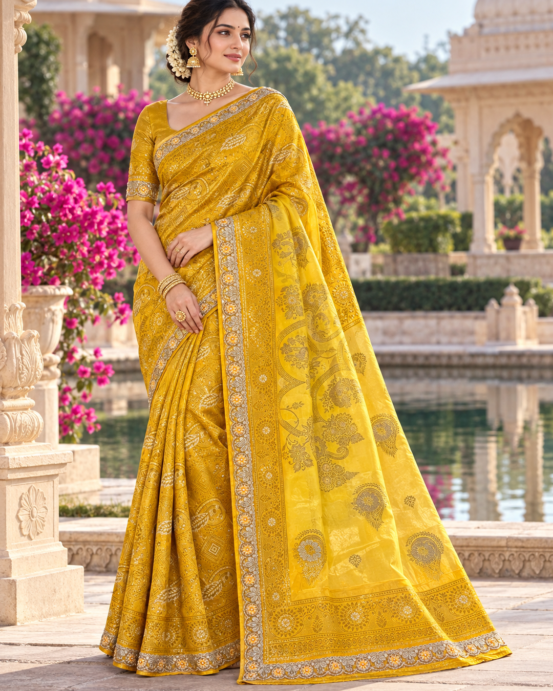 Vibrant Mustard Yellow Silk Tissue Saree with Floral Jaal & Silver Zardozi Border