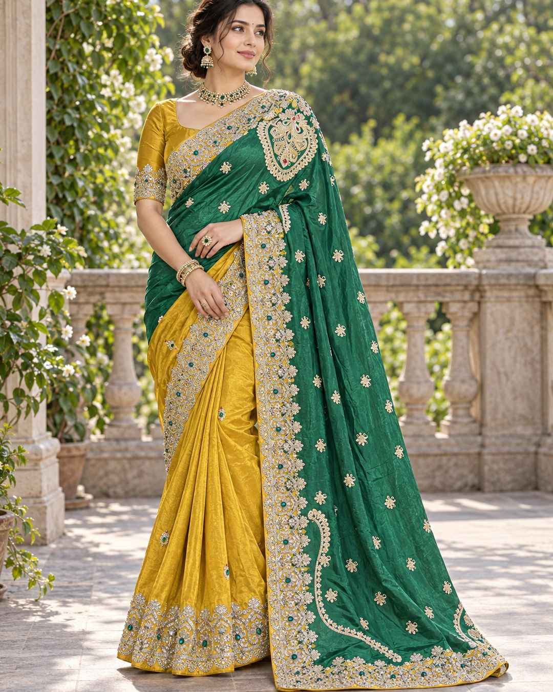 Emerald Green & Mustard Yellow Half-and-Half Silk Saree with Scalloped Zardozi Border