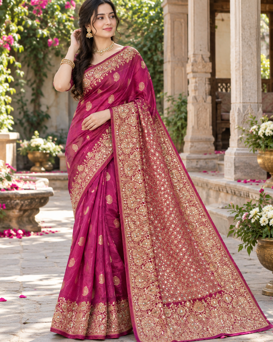 Deep Magenta Silk Tissue Saree with Mirror-Work Lattice Pallu & Zardozi Border