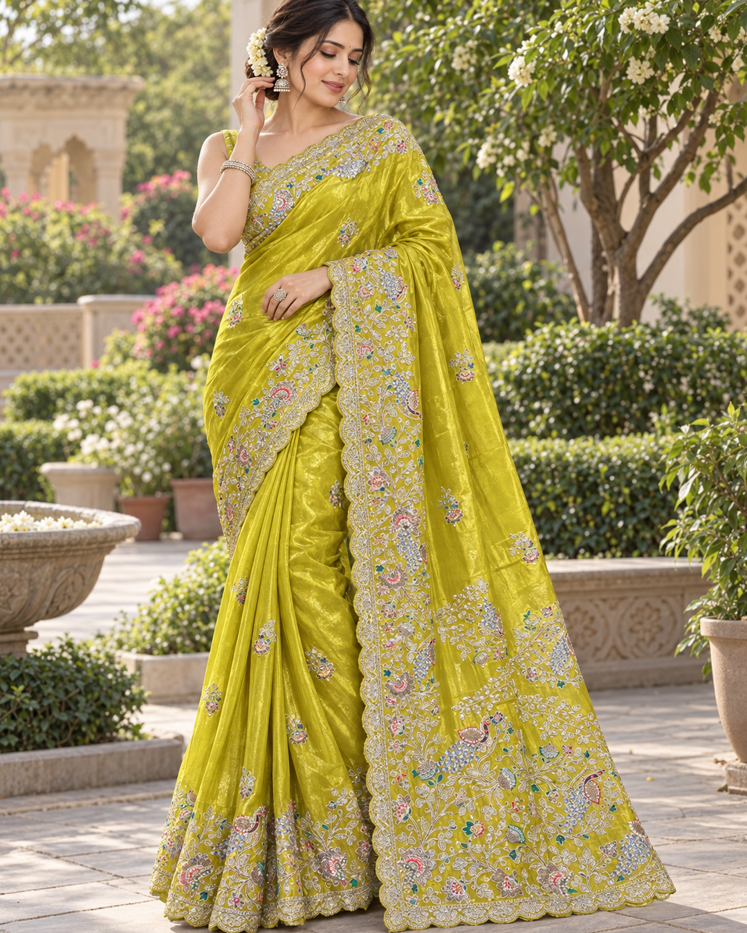 Lime Olive Green Silk Tissue Saree with Scalloped Zardozi & Peacock Embroidered Pallu